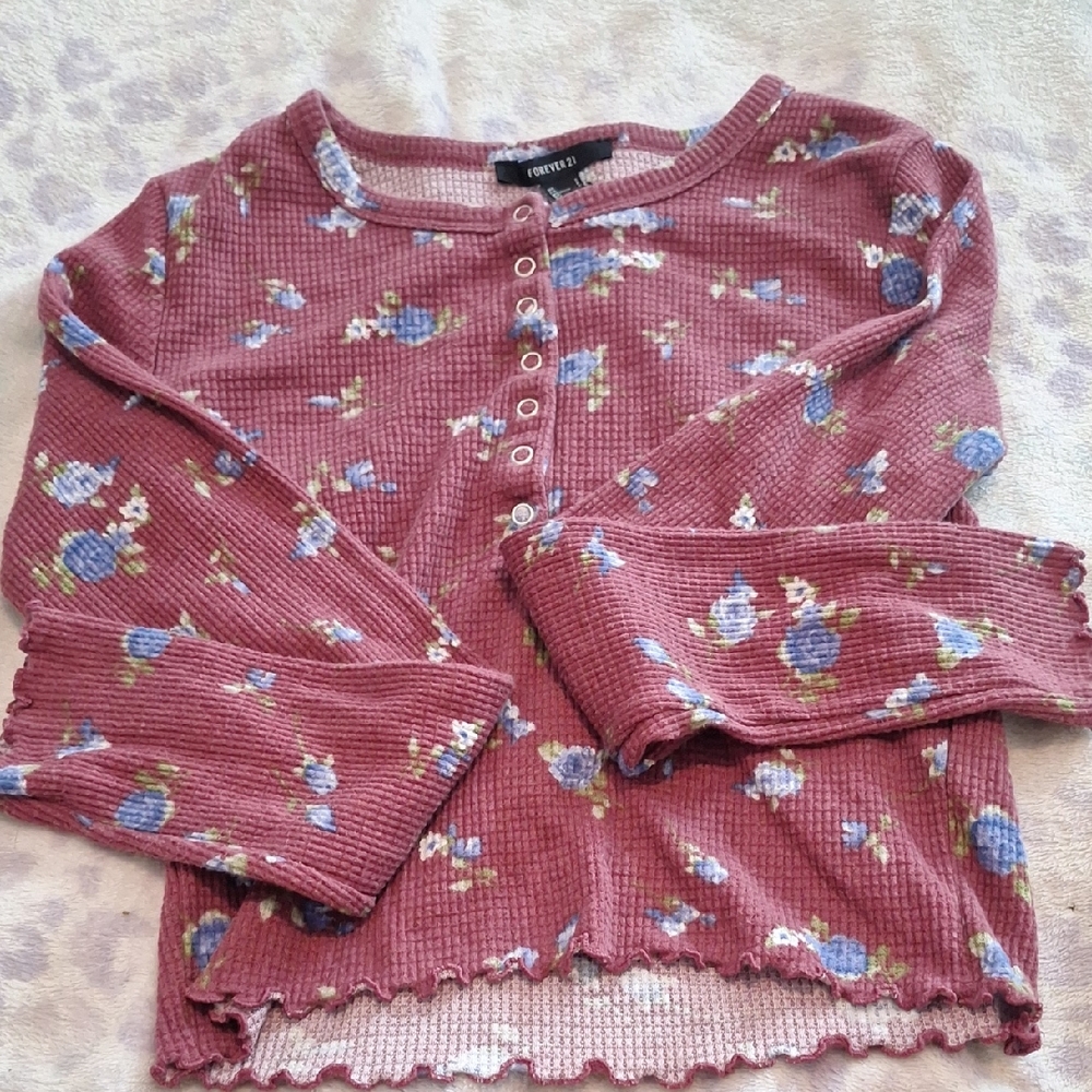 Forever 21 Kids Floral Ribbed Button Down Shirt - Pink and Blue